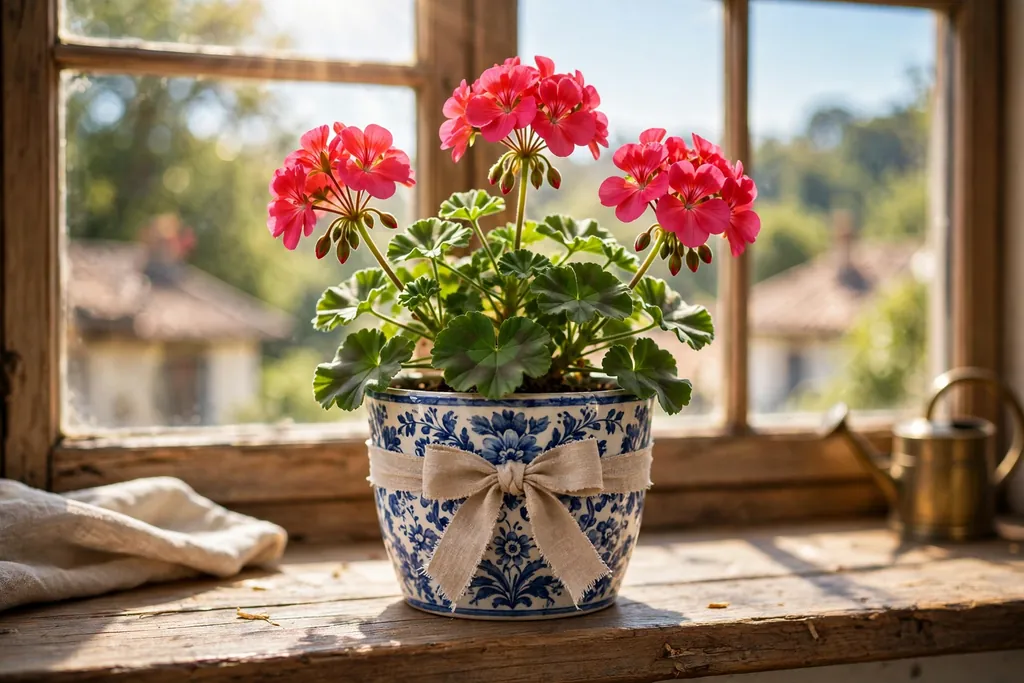 Flowering geranium in a decorative pot with a ribbon on a sunny windowsill.