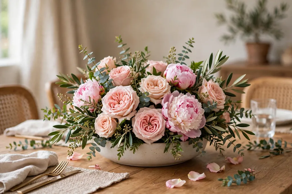 Low round centerpiece of roses, peonies, and greenery in a shallow bowl on a dining table.