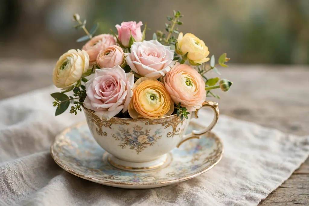 Small posy of roses and ranunculus in a vintage teacup on a saucer.