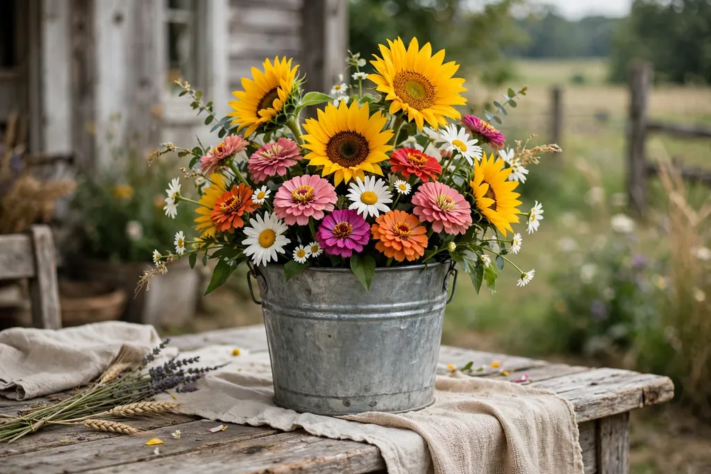 Galvanized tin bucket of sunflowers, zinnias, and daisies on a farmhouse table.