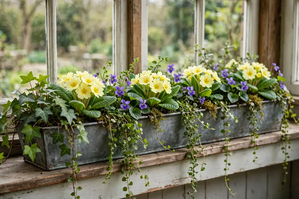 Long low trough of primroses, violets, and trailing greenery on a windowsill.
