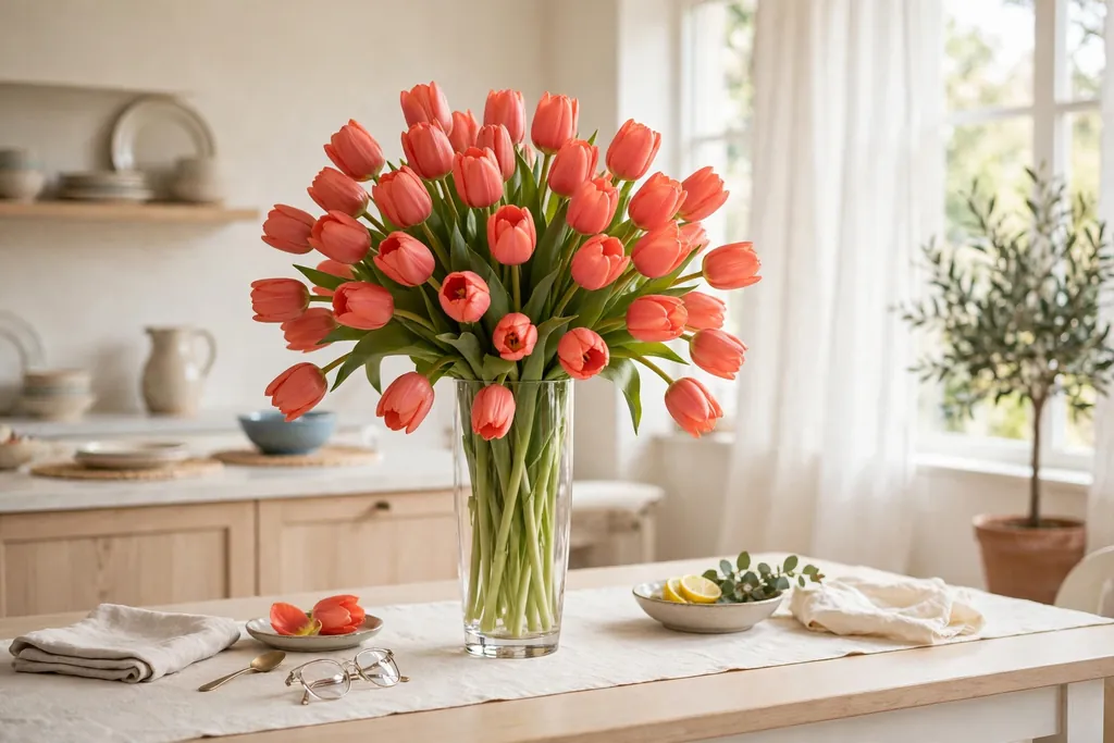 Tall vase of coral tulips in one color on a bright table.
