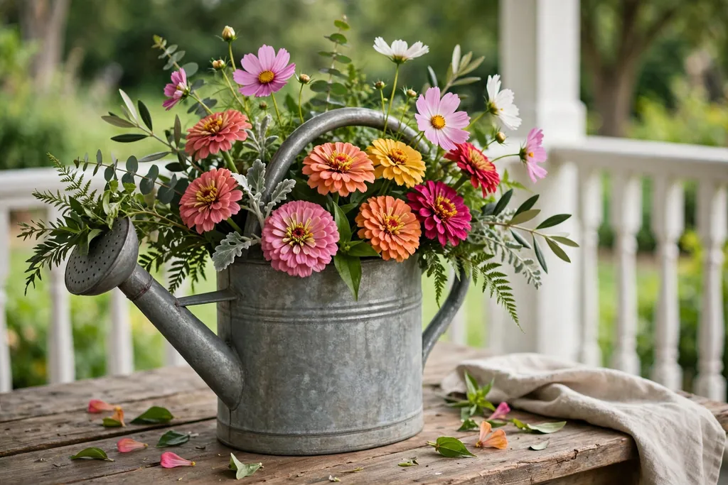 Metal watering can filled with zinnias, cosmos, and greenery on a porch table.
