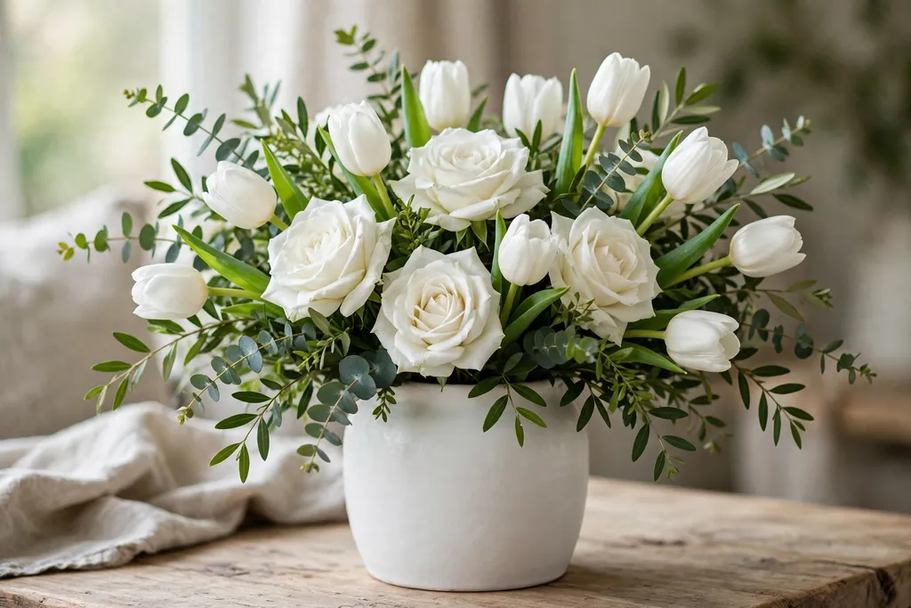 White roses and tulips with green foliage in a white vase.