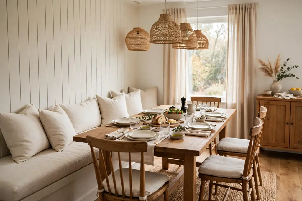 Banquette bench with cream cushions along a dining room wall, with a wood table and chairs set for a family meal.