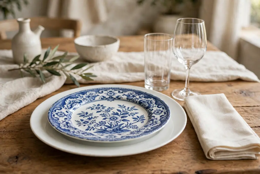 Place setting with plain white dinner plates layered with blue and white accent plates, clear glasses, and cream napkins.