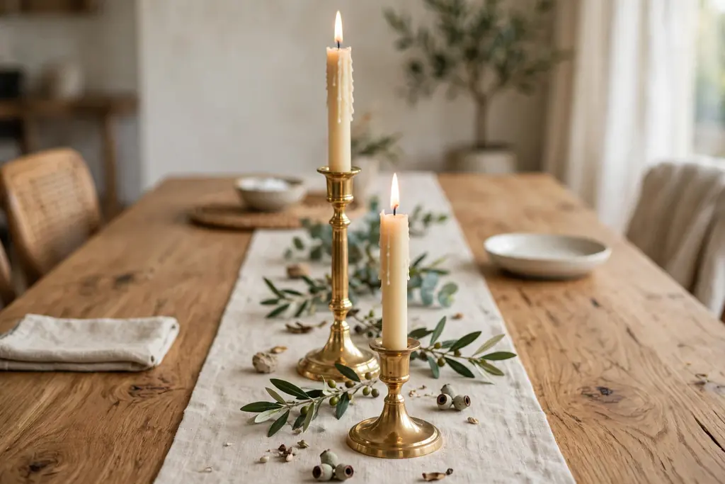 Brass candlesticks of two heights with cream taper candles down the center of a wood dining table.