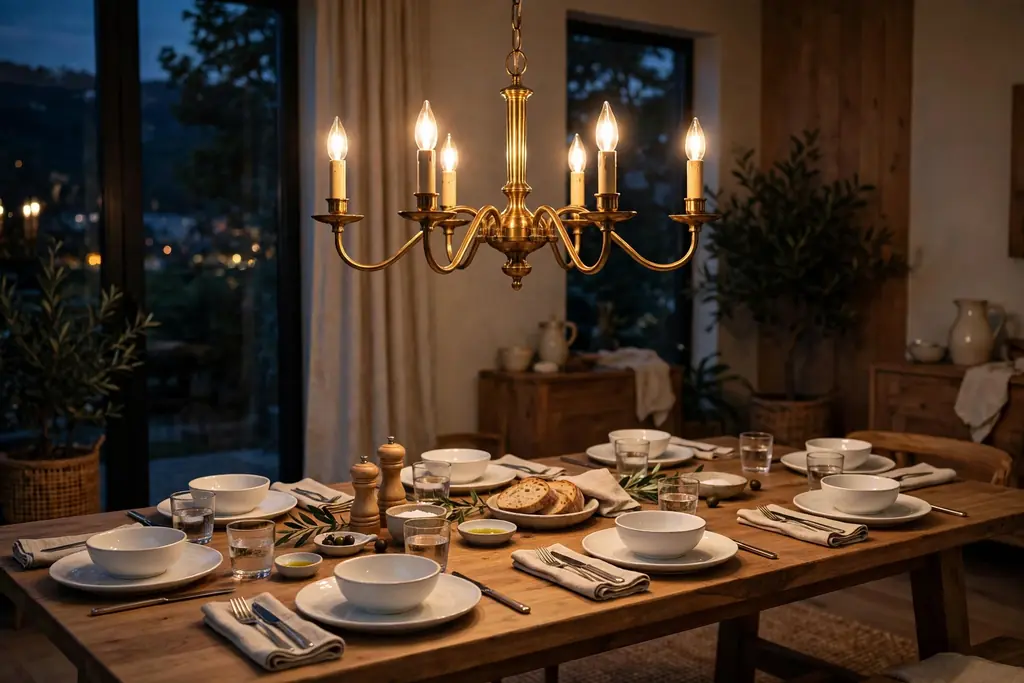 Warm brass chandelier hung low over a wood dining table set with white dishes and linen napkins in the evening.