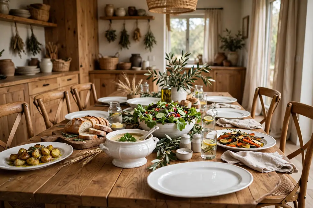Wood dining table set family style with white platters, a soup tureen, a bread board, and a salad bowl down the center.
