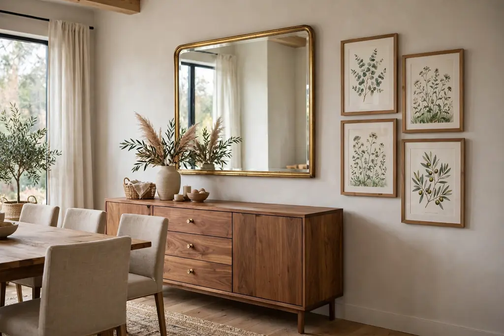 Mirror above a wood sideboard with framed botanical prints grouped beside it in a dining room.