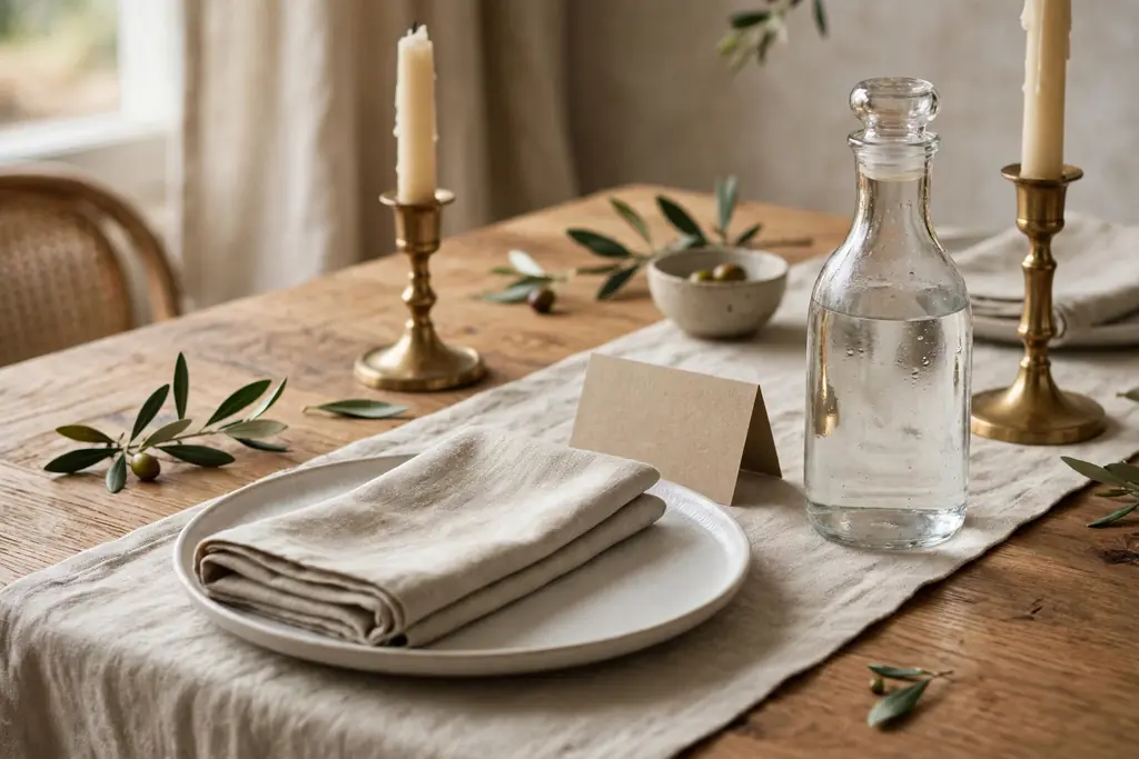 Dining table place setting with a folded cloth napkin, a place card, a water carafe, and brass candlesticks.