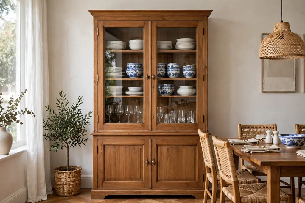 Glass front wood hutch in a dining room displaying white dishes, blue and white bowls, and clear glasses.
