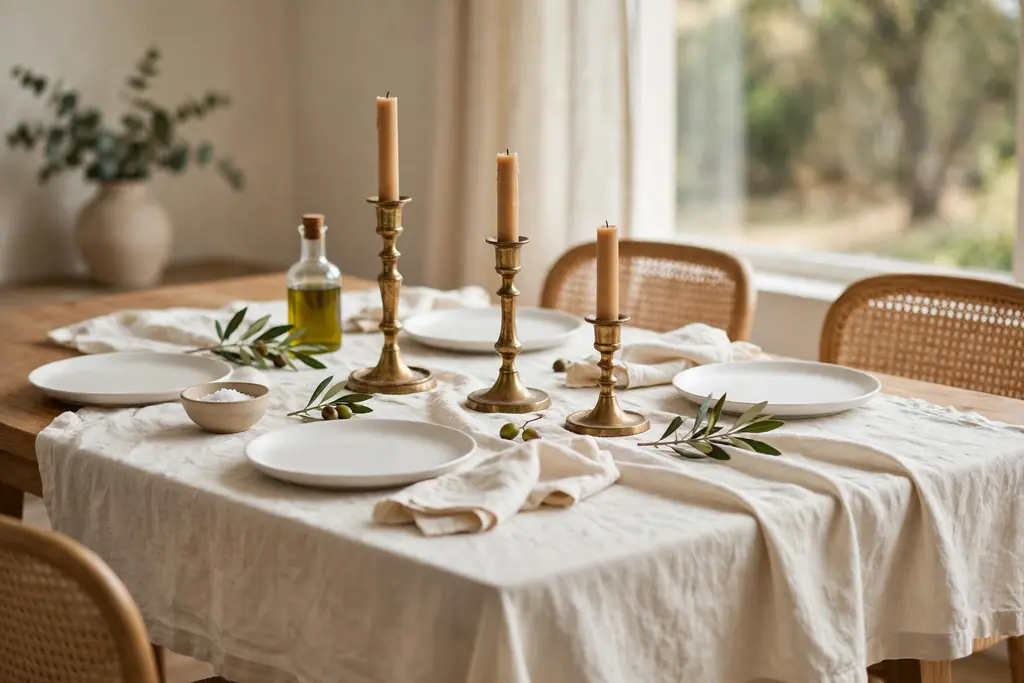 Dining table covered with a relaxed cream linen tablecloth, white plates, and brass candlesticks.