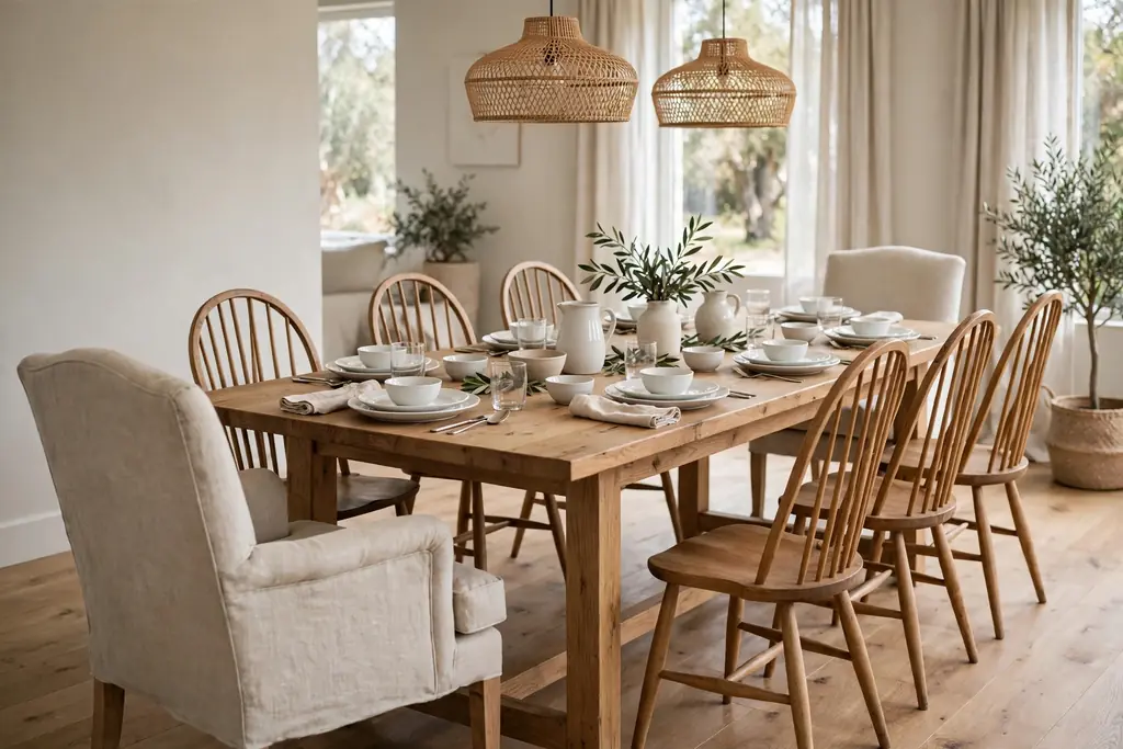 Dining table with Windsor side chairs and upholstered linen armchairs at the heads, set with white dishes.