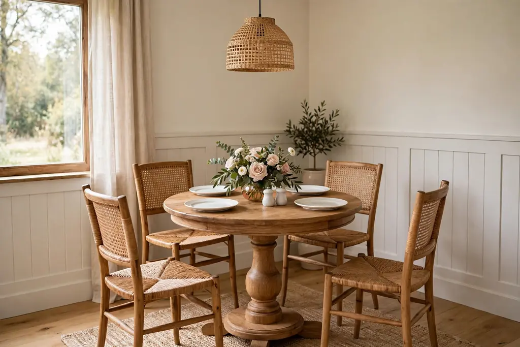 Small round pedestal wood table in a dining nook with four chairs, white plates, and a low vase of flowers.