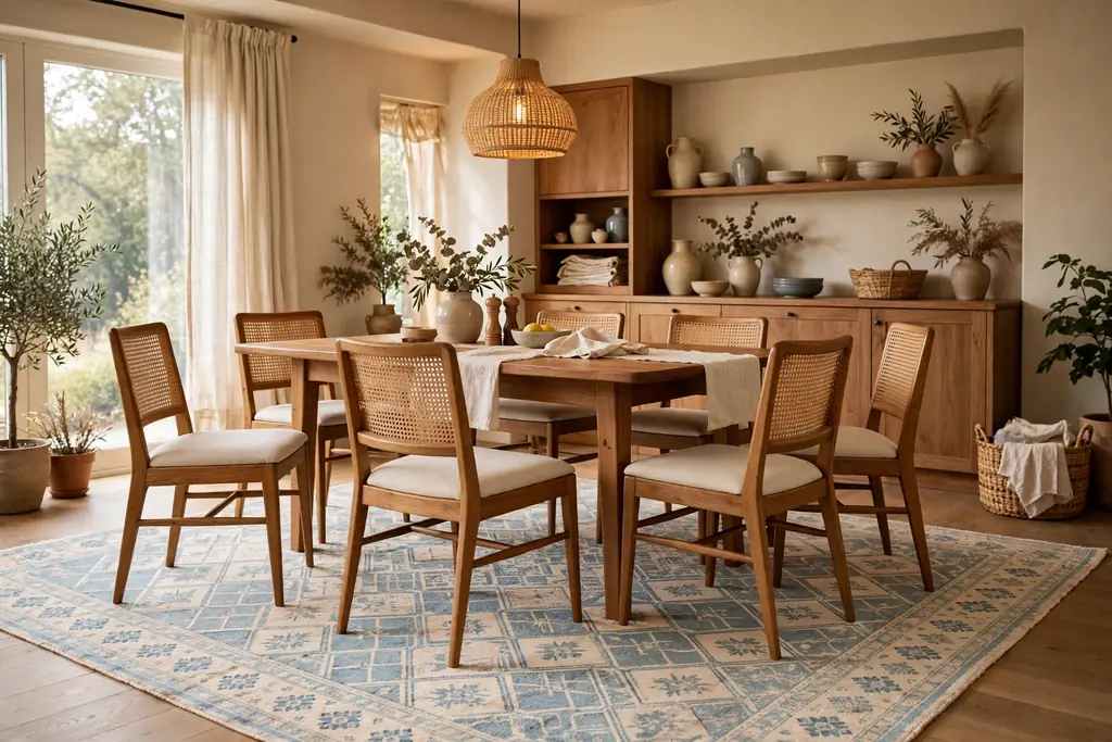 Patterned rug in soft blue and cream under a wood dining table with chairs pulled out in a warm dining room.