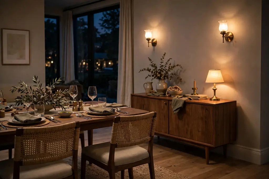Dining room in the evening lit by wall sconces and a small table lamp on a sideboard beside a set table.