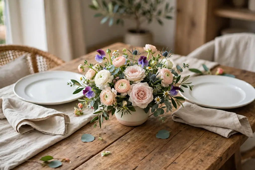 Low centerpiece of fresh garden flowers in a small vase on a wood dining table with white plates and linen napkins.