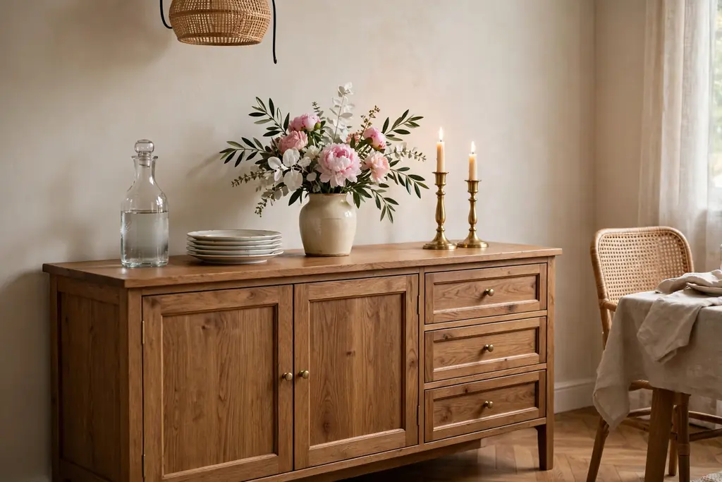 Wood sideboard in a dining room styled as a serving station with a carafe, extra plates, a vase of flowers, and candlesticks.