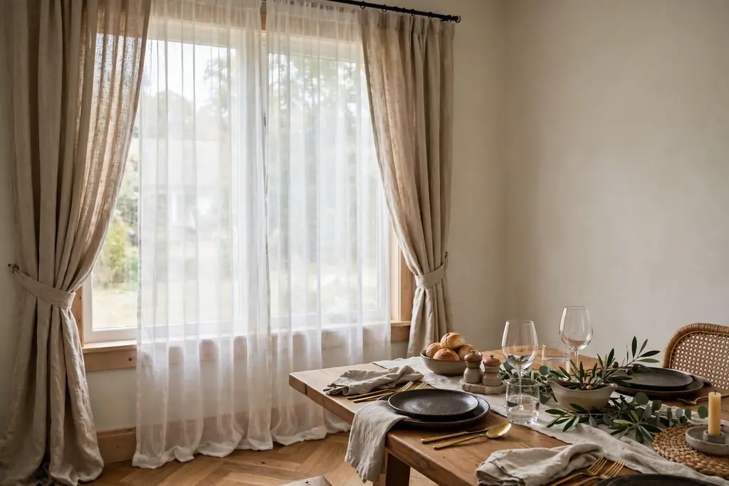 Dining room window with sheer curtains and full linen drapes beside a wood table set for dinner.