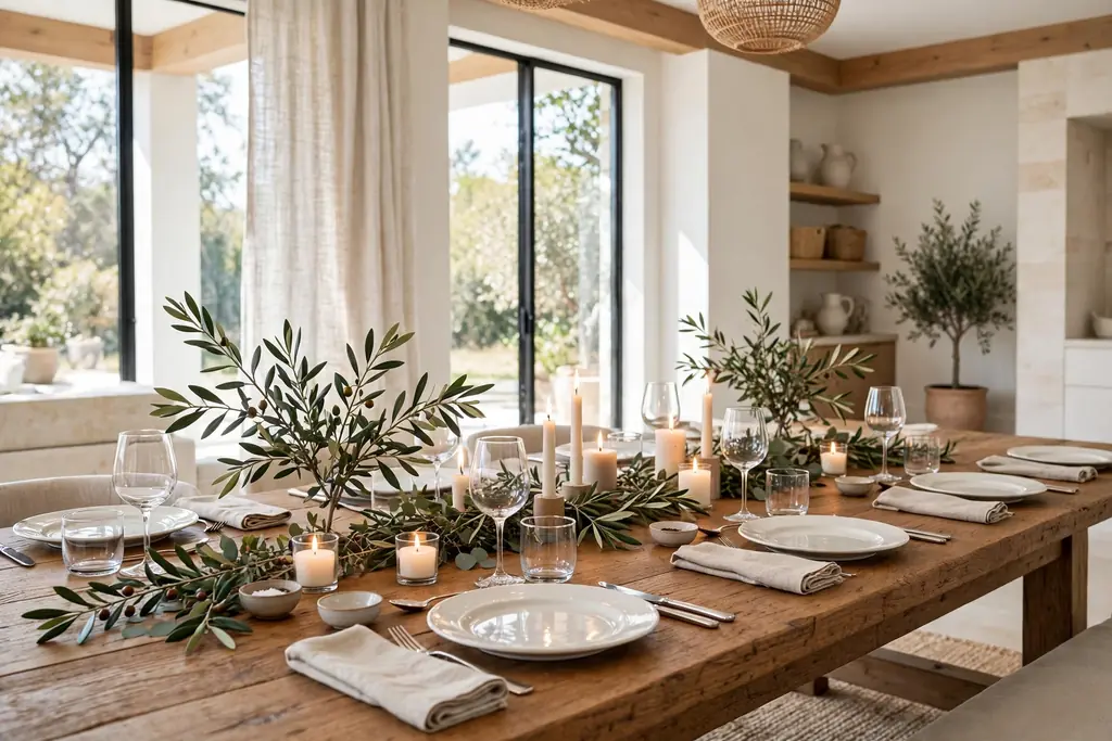Long warm wood dining table set with white plates, linen napkins, and a low candle centerpiece in a bright dining room.