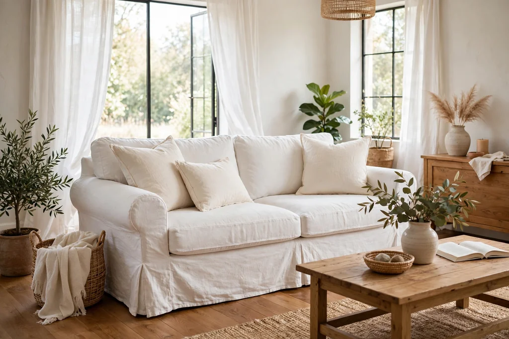 A white slipcovered sofa in washed linen with cream pillows in a bright living room.