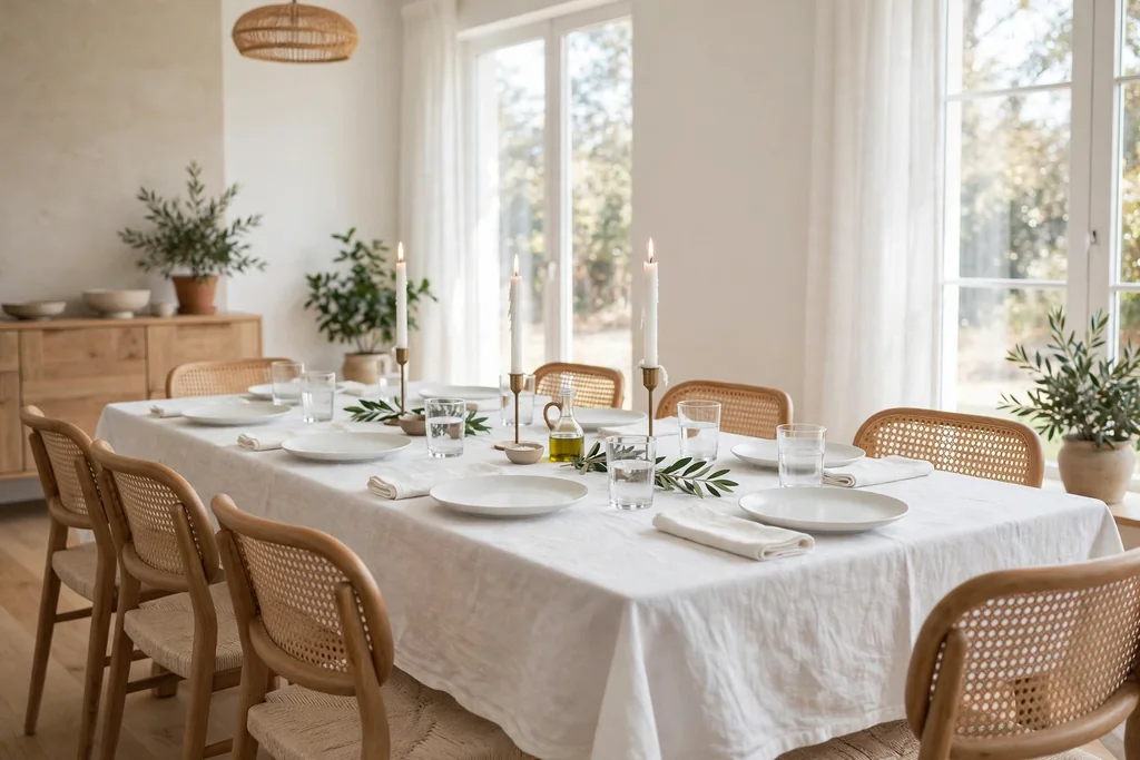 A dining table set with white linen, plain plates, and taper candles.