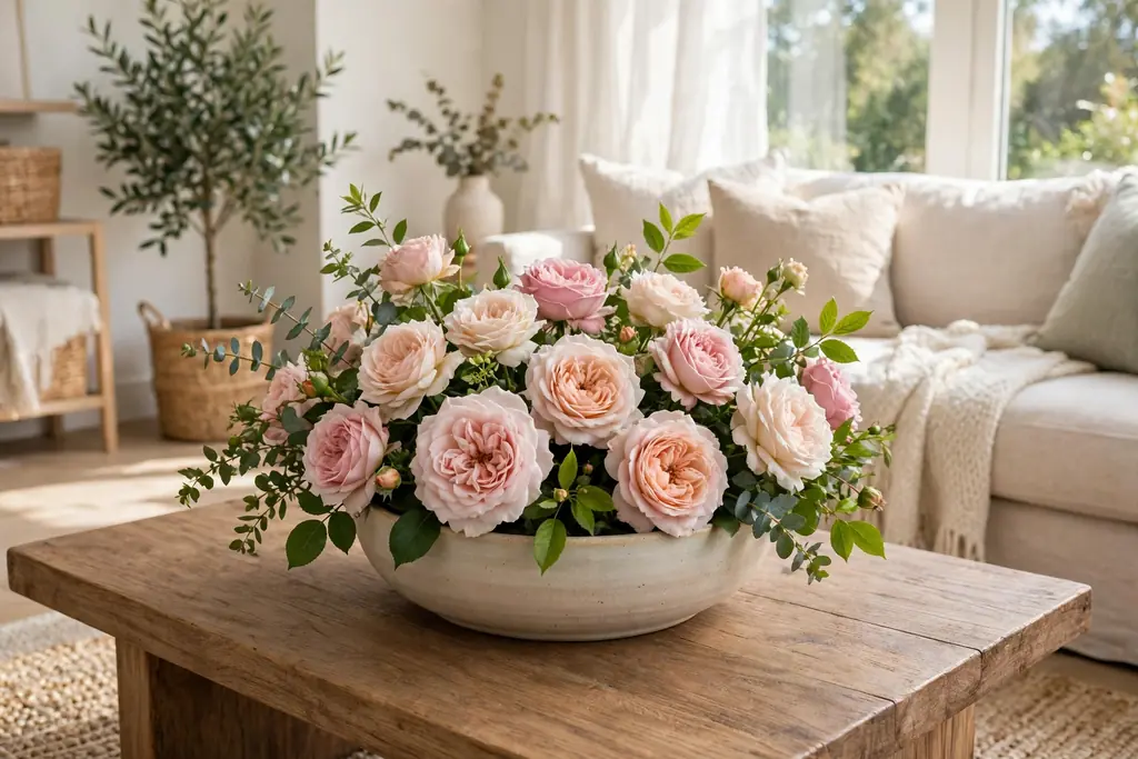 Garden roses in a low bowl on a wood coffee table.