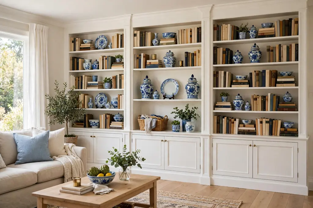 Built-in bookcases filled with books and blue and white ceramics.