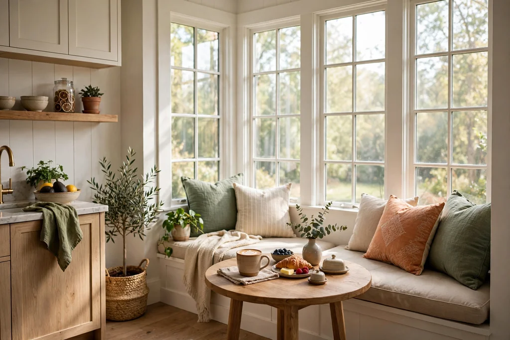 A breakfast nook with a window bench, cushions, and a small table.