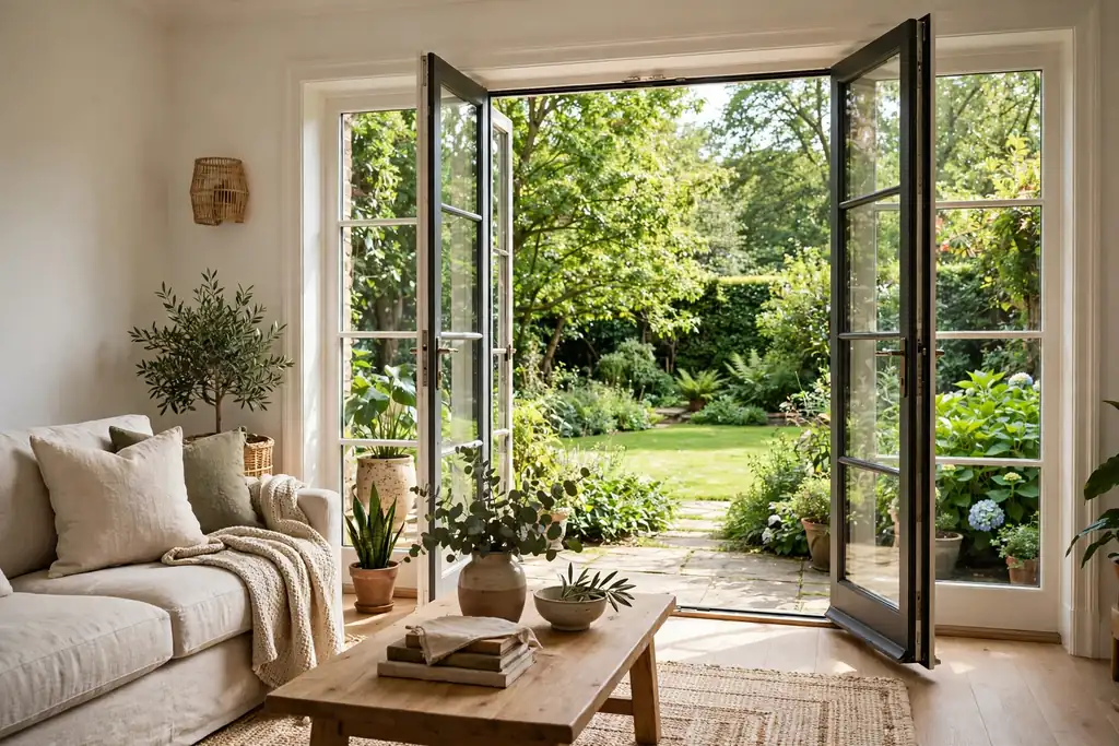 French doors opening from a bright living room to a garden.