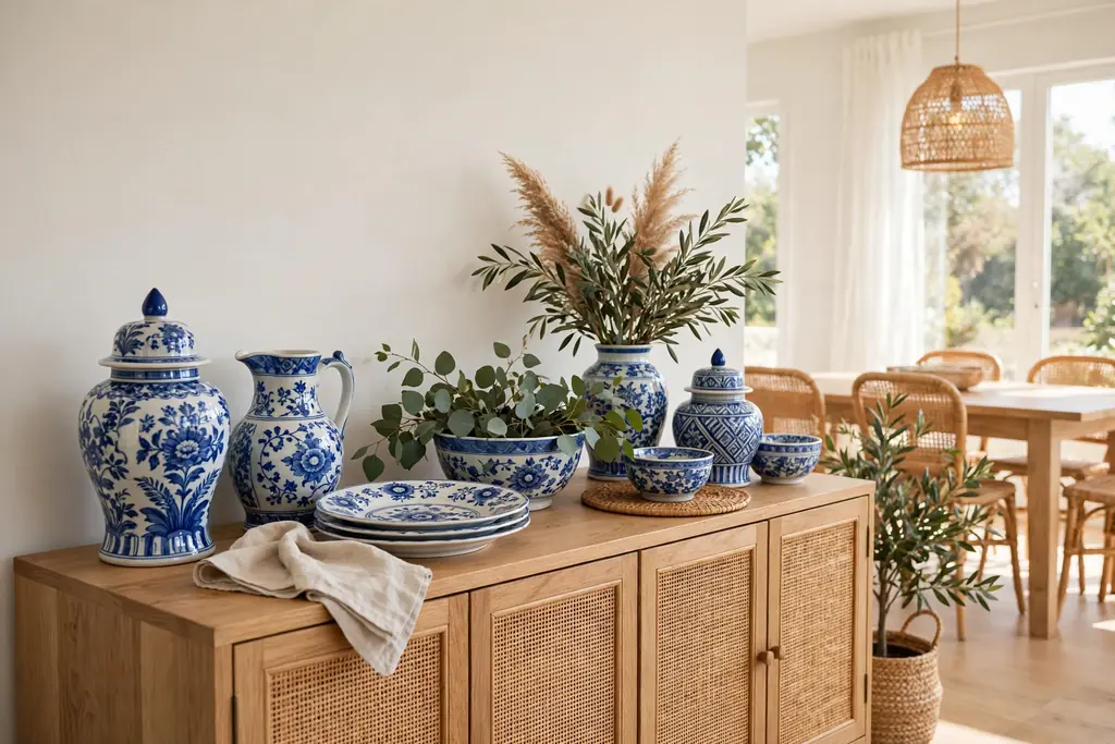 Blue and white ceramics grouped on a dining room sideboard.