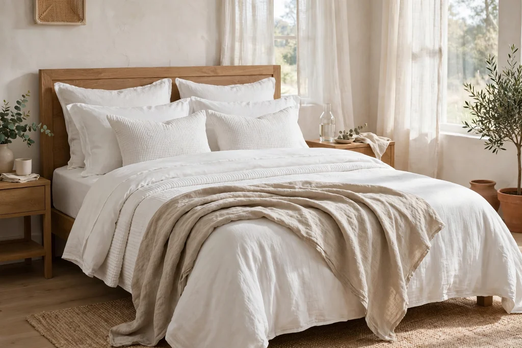 A bedroom with layered white bedding and a linen throw at the foot of the bed.
