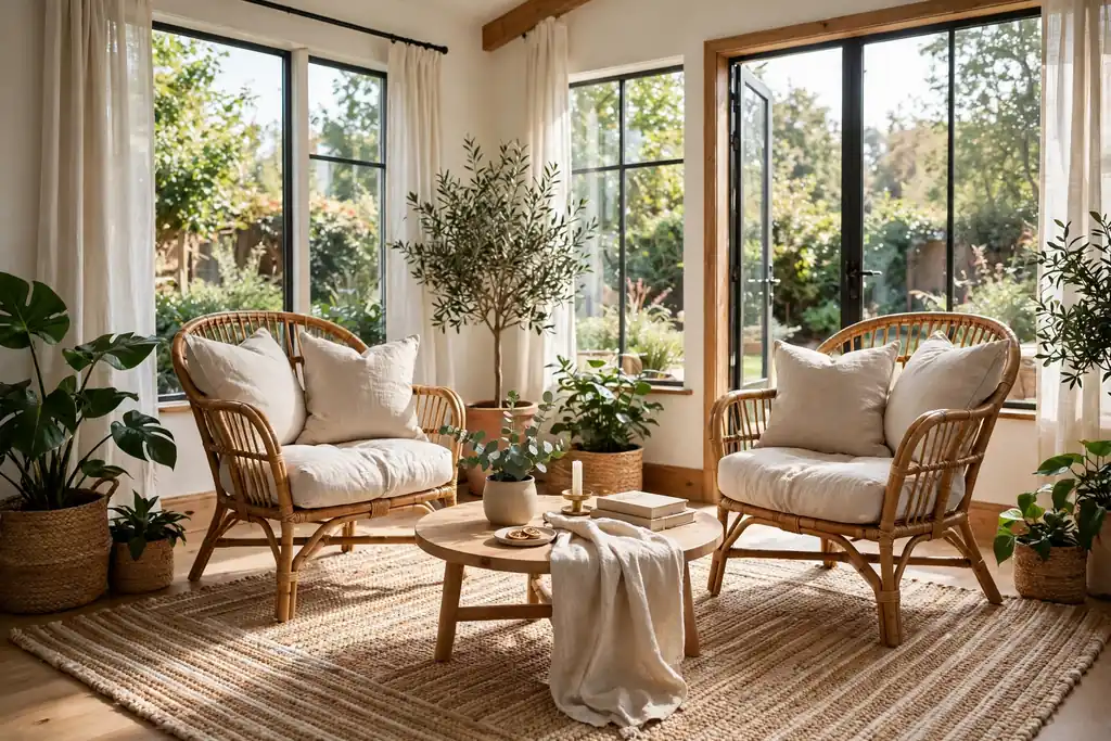 A sunroom with rattan chairs, linen cushions, and a woven rug.