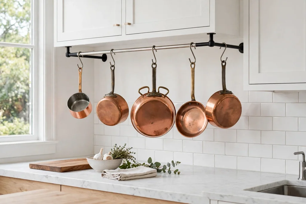 Copper pots hanging on a rail in a bright white kitchen.