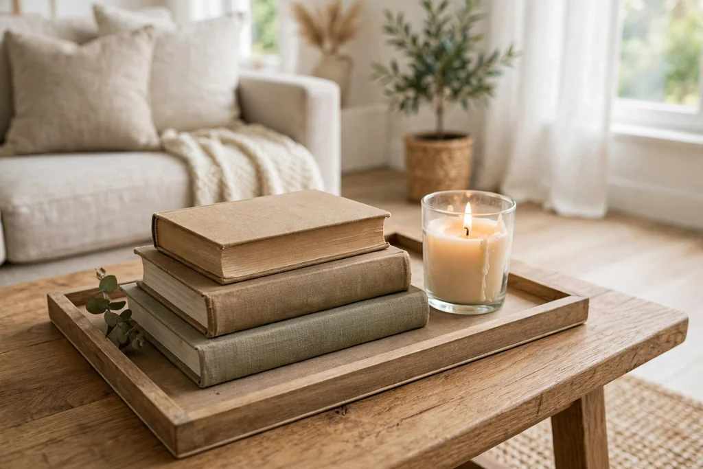 A wood coffee table tray holding books and a candle.