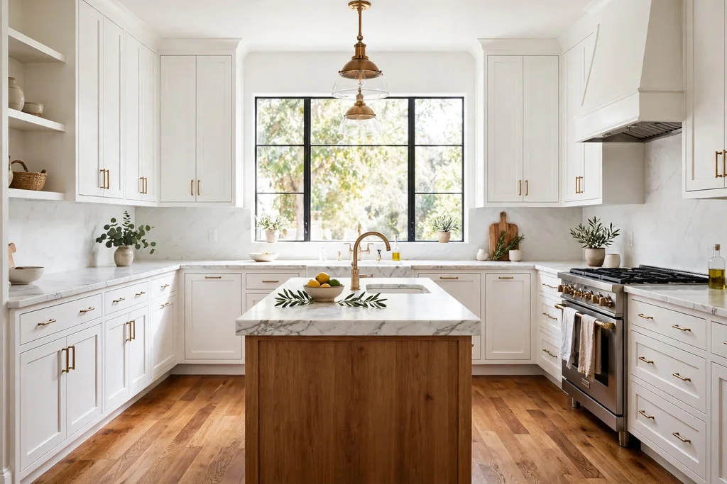 A bright kitchen with white cabinets, marble counters, and warm wood floors.