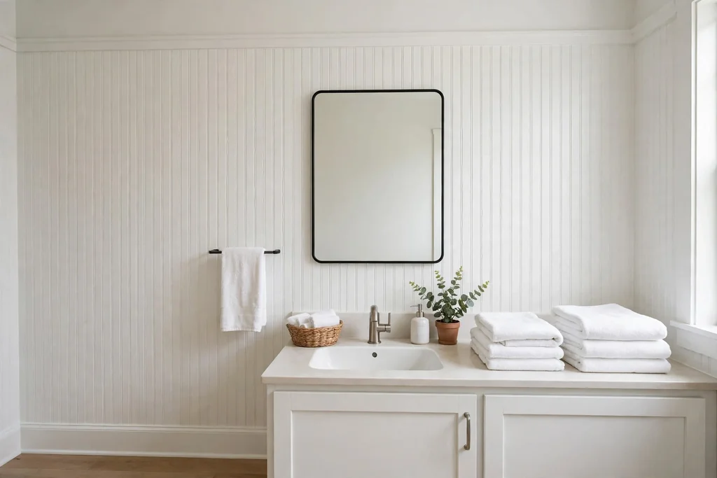 A bathroom with white beadboard walls, a plain mirror, and folded towels.