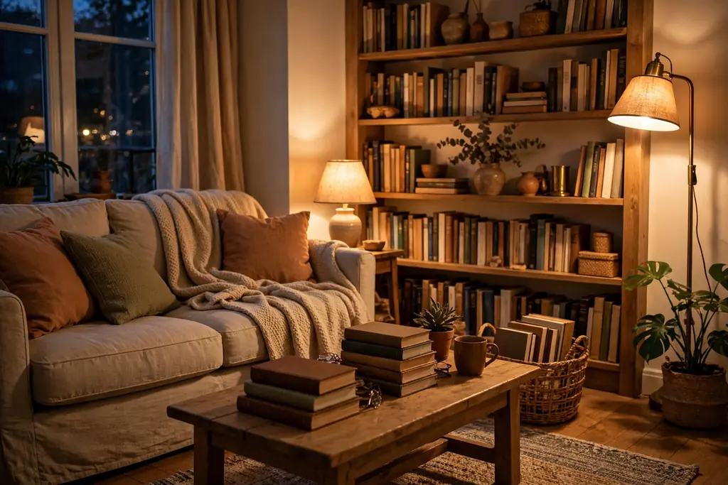 A living room in warm lamp light in the evening with a sofa and books.