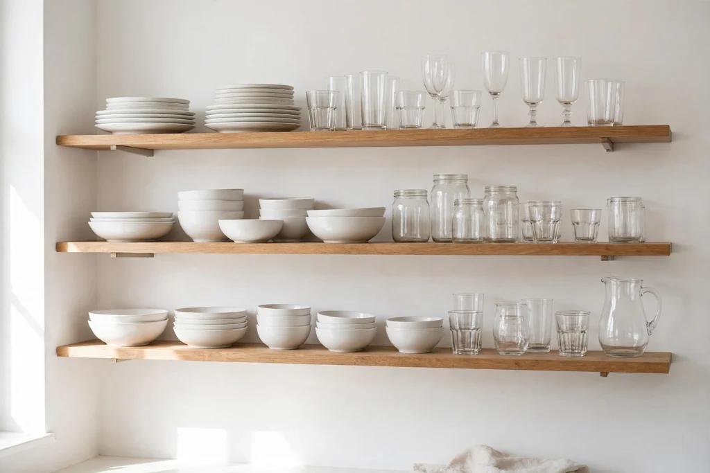 Open kitchen shelves holding white dishes, bowls, and glassware.