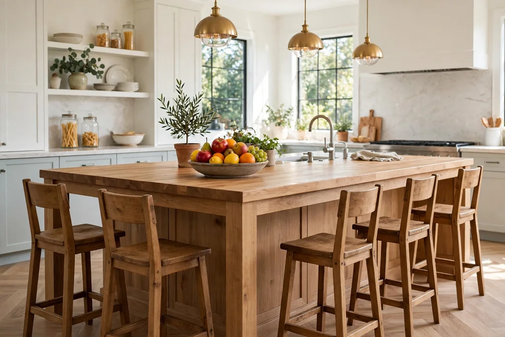 A large kitchen island with wood stools and a bowl of fruit on top.