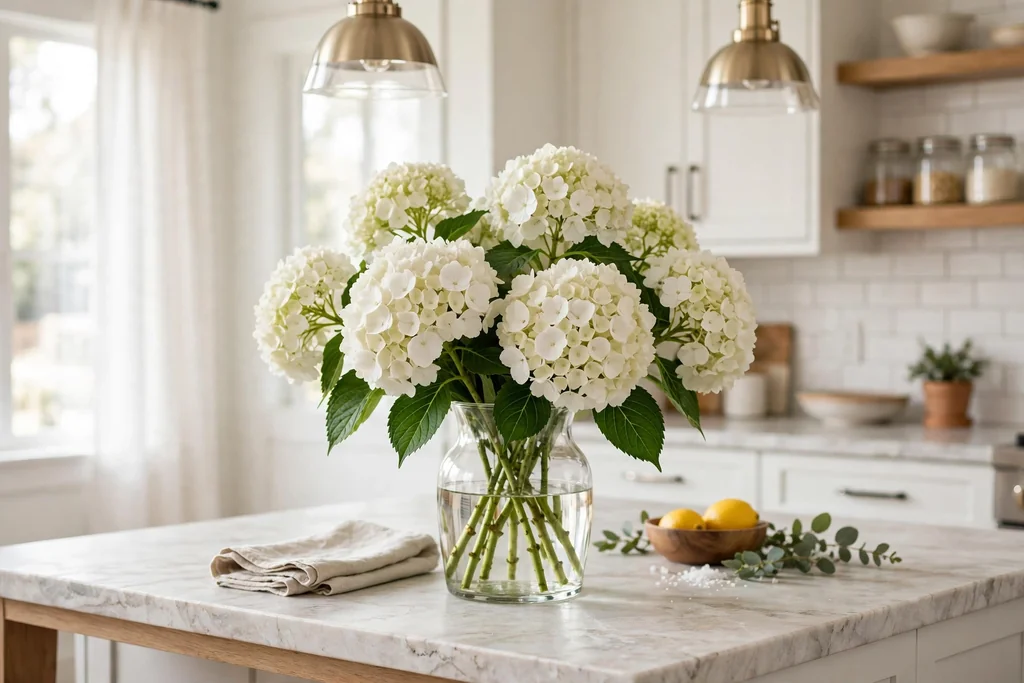 White hydrangeas in a clear glass vase on a kitchen island.