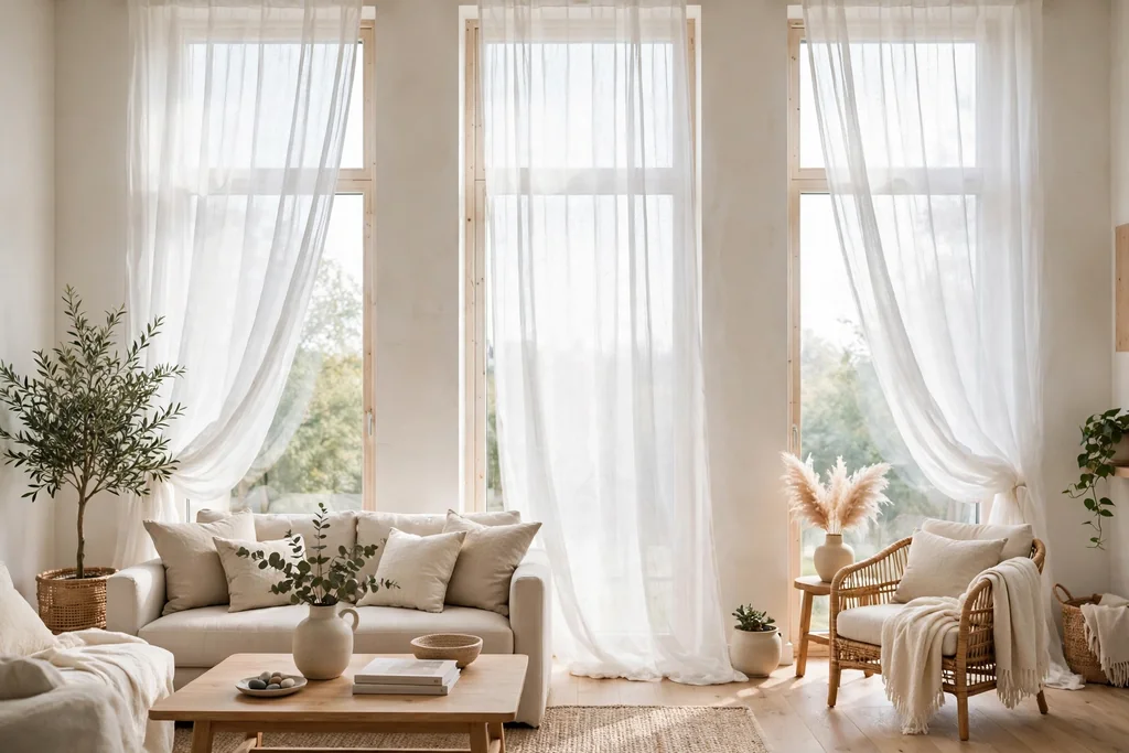Tall windows dressed with sheer white curtains in a bright living room.