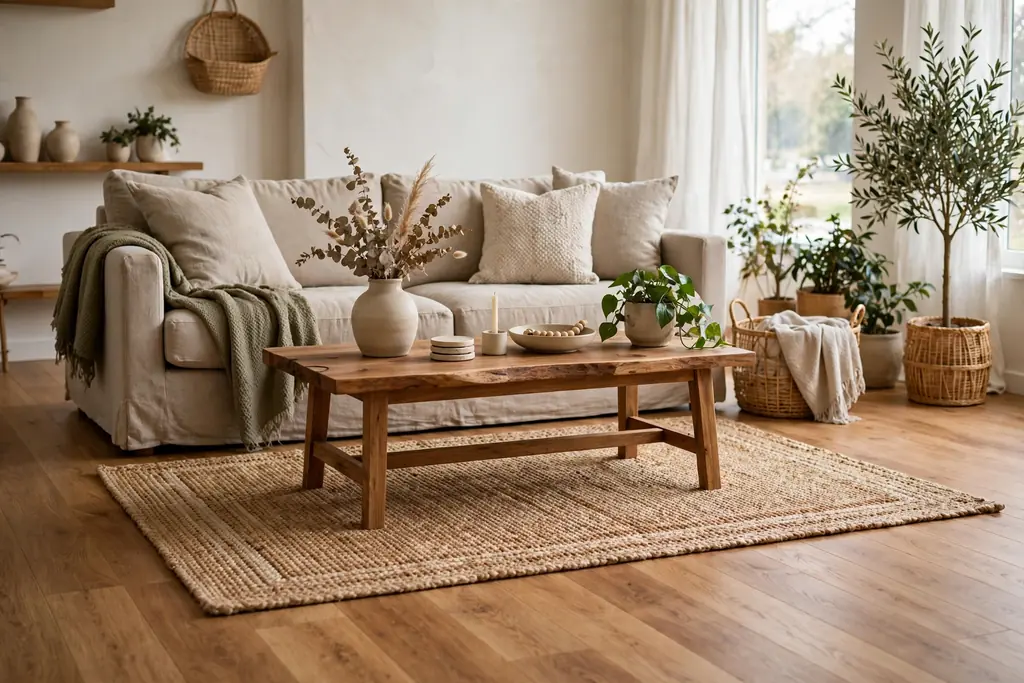 Warm wood floors with a natural fiber rug under a sofa and coffee table.