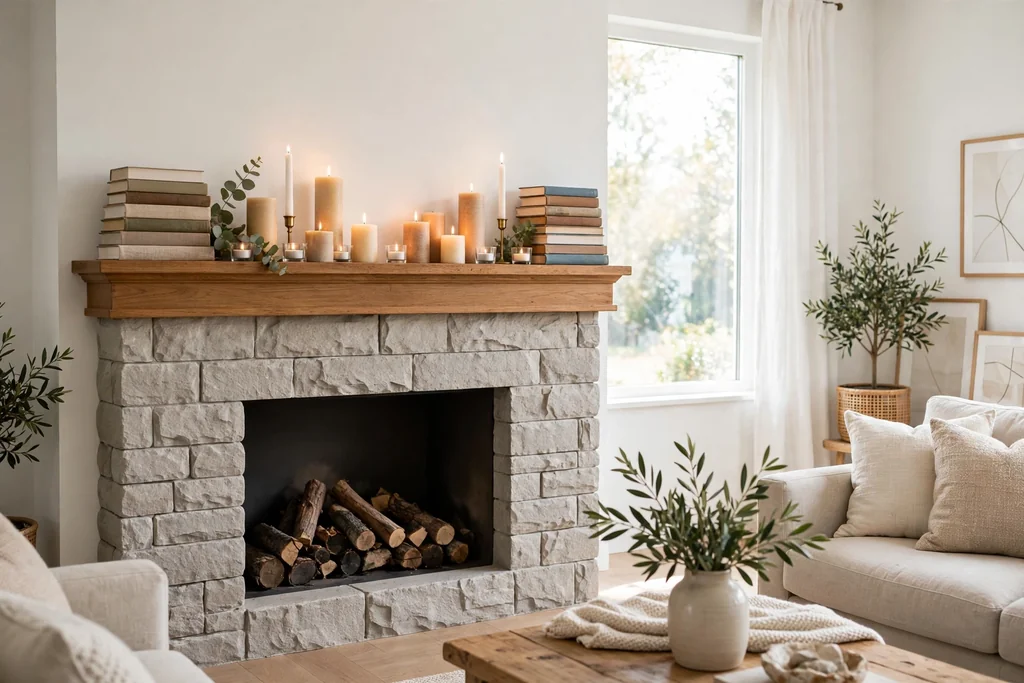 A fireplace mantel styled with candles and stacked books.