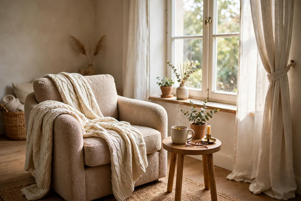 A reading nook with an armchair, a knit throw, and a small side table near a window.