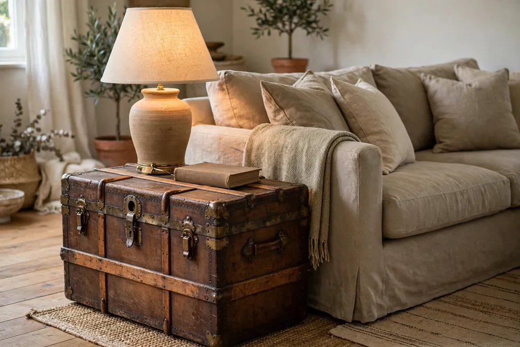 Antique wood trunk beside a sofa used as a side table with a lamp and a book.
