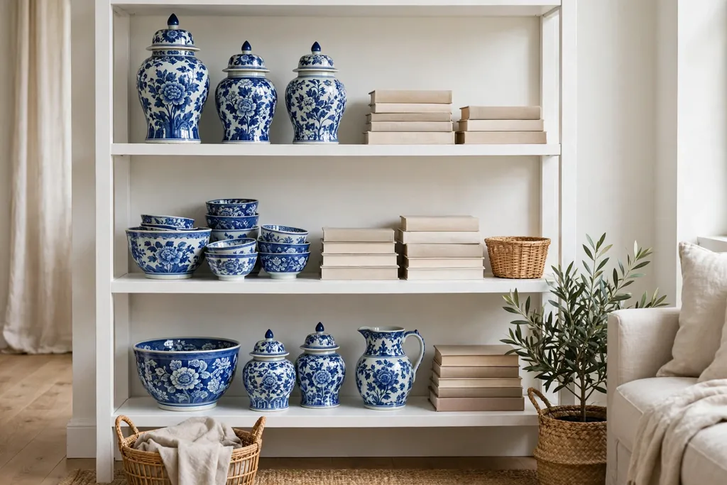 Blue and white ceramic jars and bowls grouped on white open shelves with books.