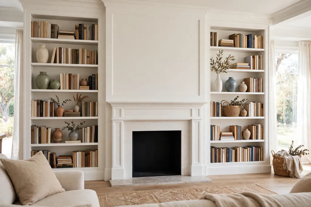 White built-in bookcases on either side of a fireplace filled with books and vases.