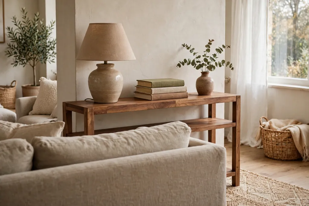 Wood console table behind a sofa styled with a lamp, stacked books, and a small vase.